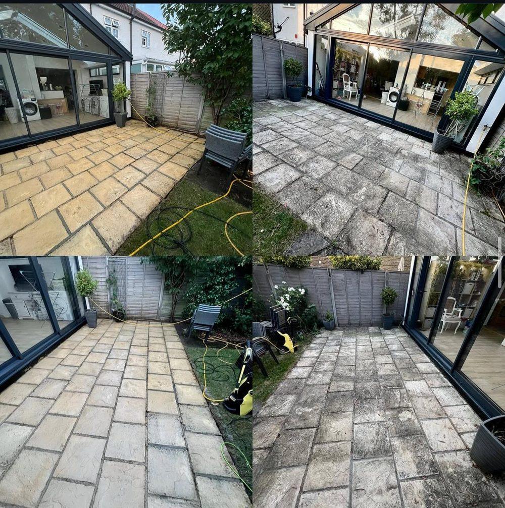 Before and after of a garden patio jet-washed clean by Platinum Handy Services, dirty grey paving restored to fresh sandstone.