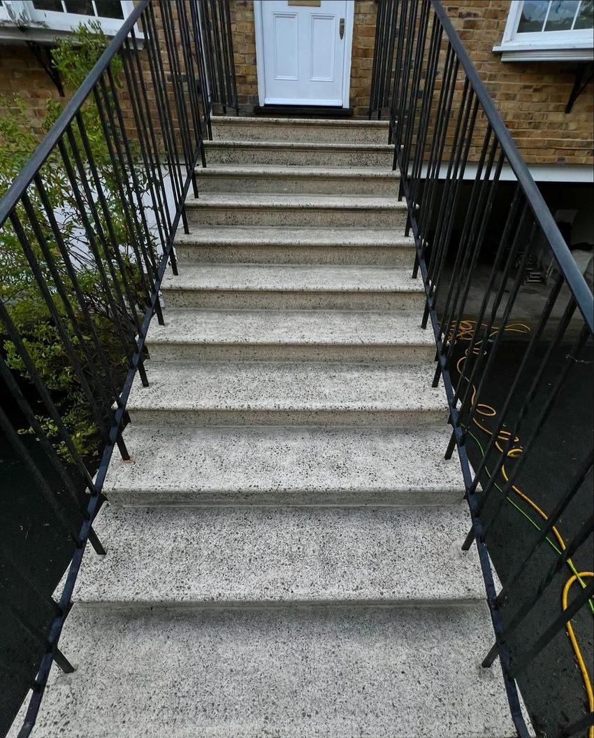 Cleaned front entrance steps with black wrought-iron railings leading up to a white door, jet-washed by Platinum Handy Services.
